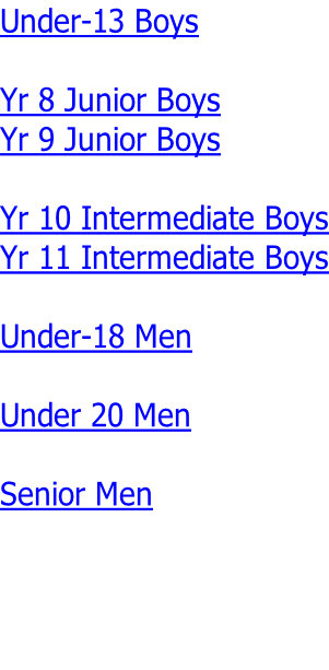 Under-13 Boys  Yr 8 Junior Boys Yr 9 Junior Boys  Yr 10 Intermediate Boys Yr 11 Intermediate Boys  Under-18 Men  Under 20 Men  Senior Men