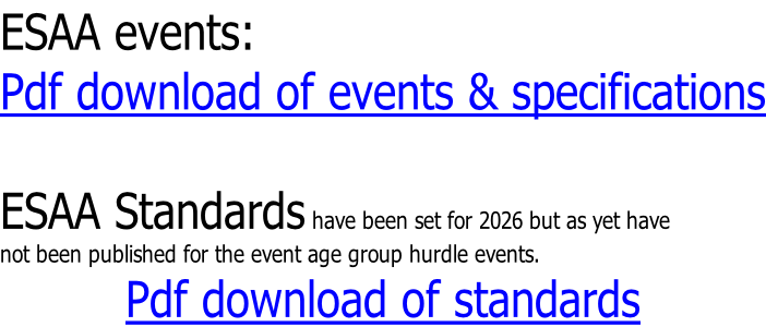 ESAA events: Pdf download of events & specifications  ESAA Standards have been set for 2026 but as yet have not been published for the event age group hurdle events. Pdf download of standards